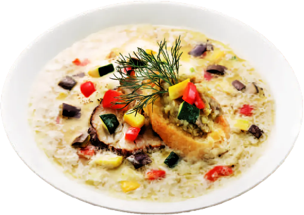 とろとろ茄子のポタージュ旨アンチョビ茄子バゲット添え