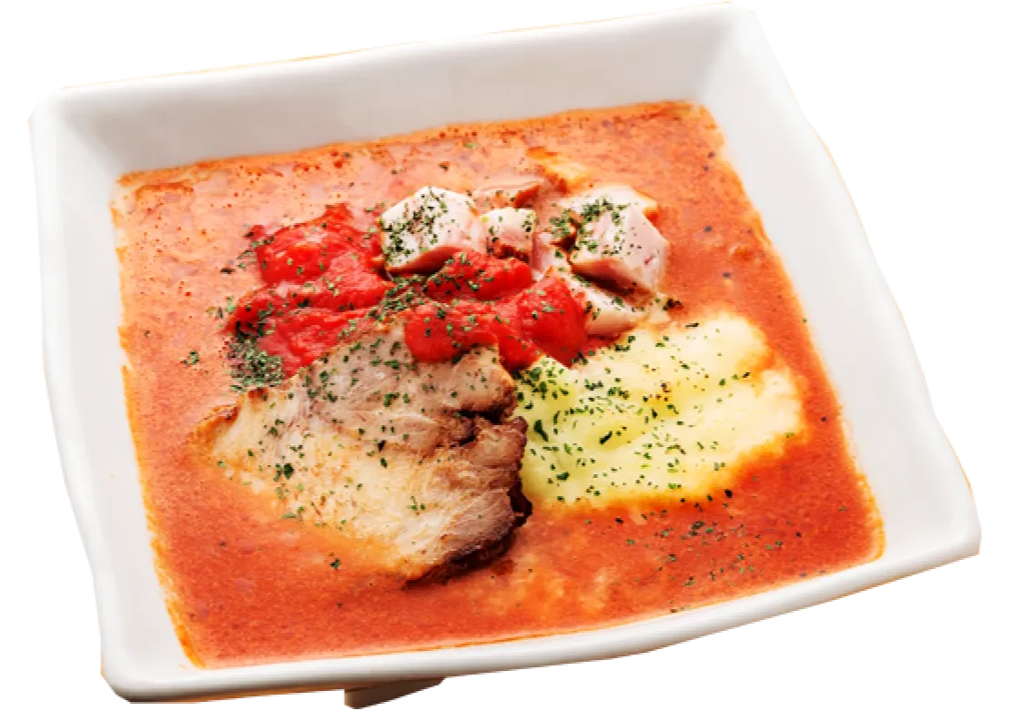 もち豚ベーコンとふわとろチーズのトマト麺
